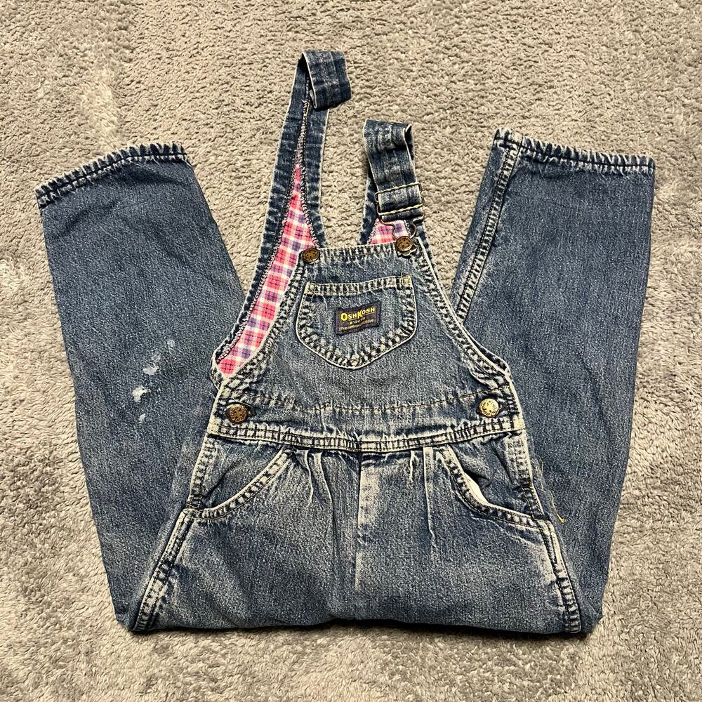 Vintage OshKosh Overalls Kids Youth XS 5 Girl Pink Lined Distressed Vestbak Jean